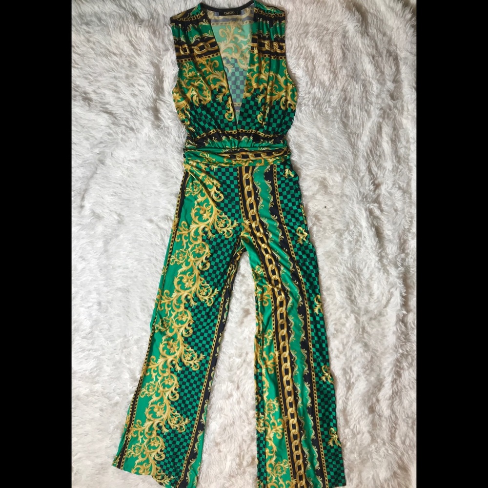 Green and Black Chain Print Plunging V Jumpsuit